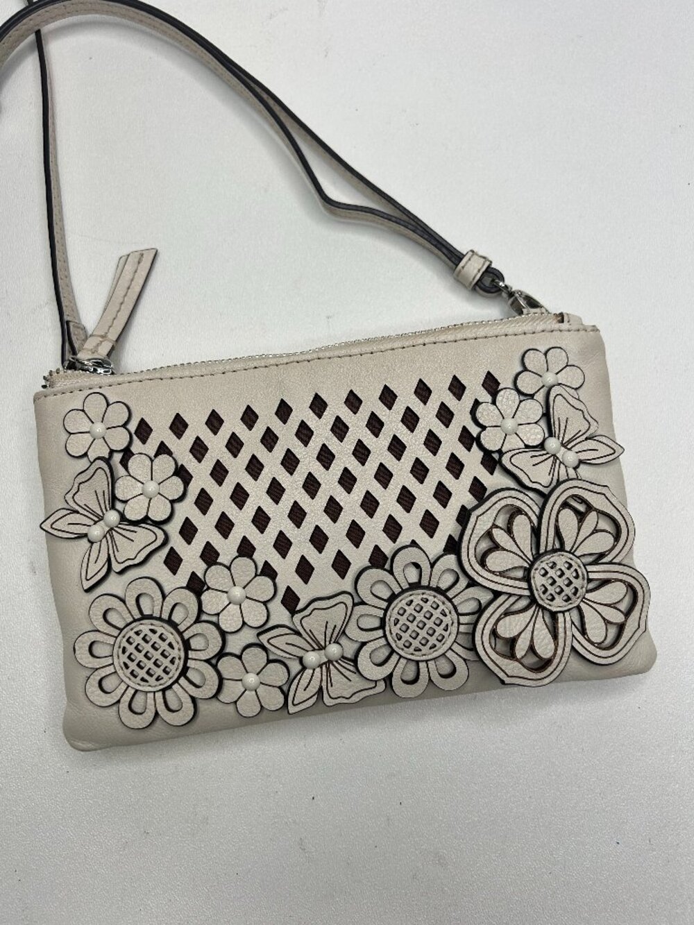 BRIGHTON Trellis Tivoli Mini Crossbody Chalk Leather Laser Cut Beaded